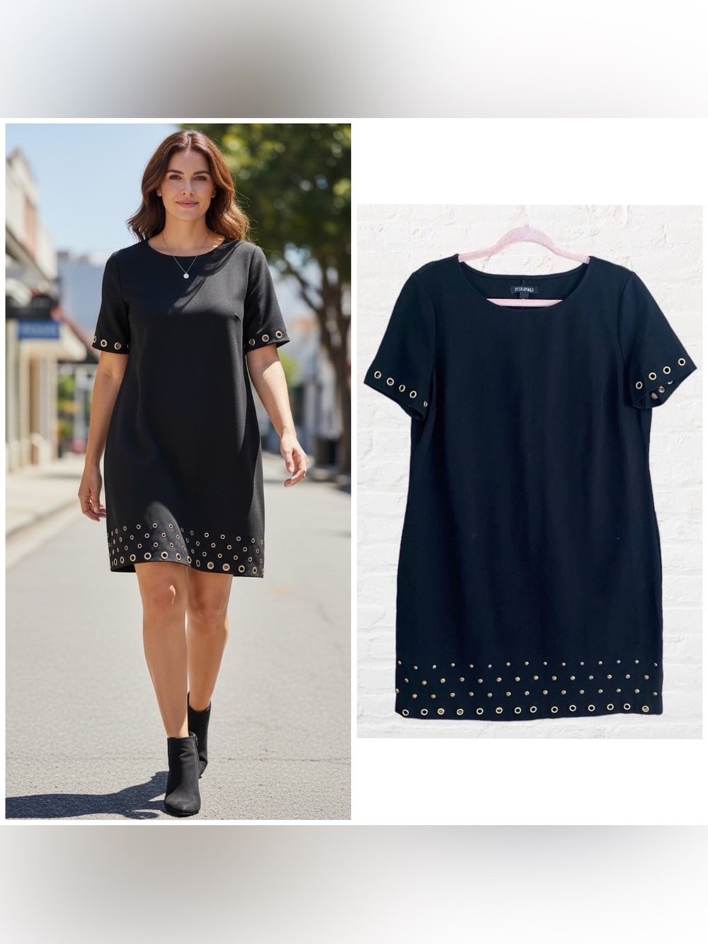 Roz & Ali black dress with gold rivet accent